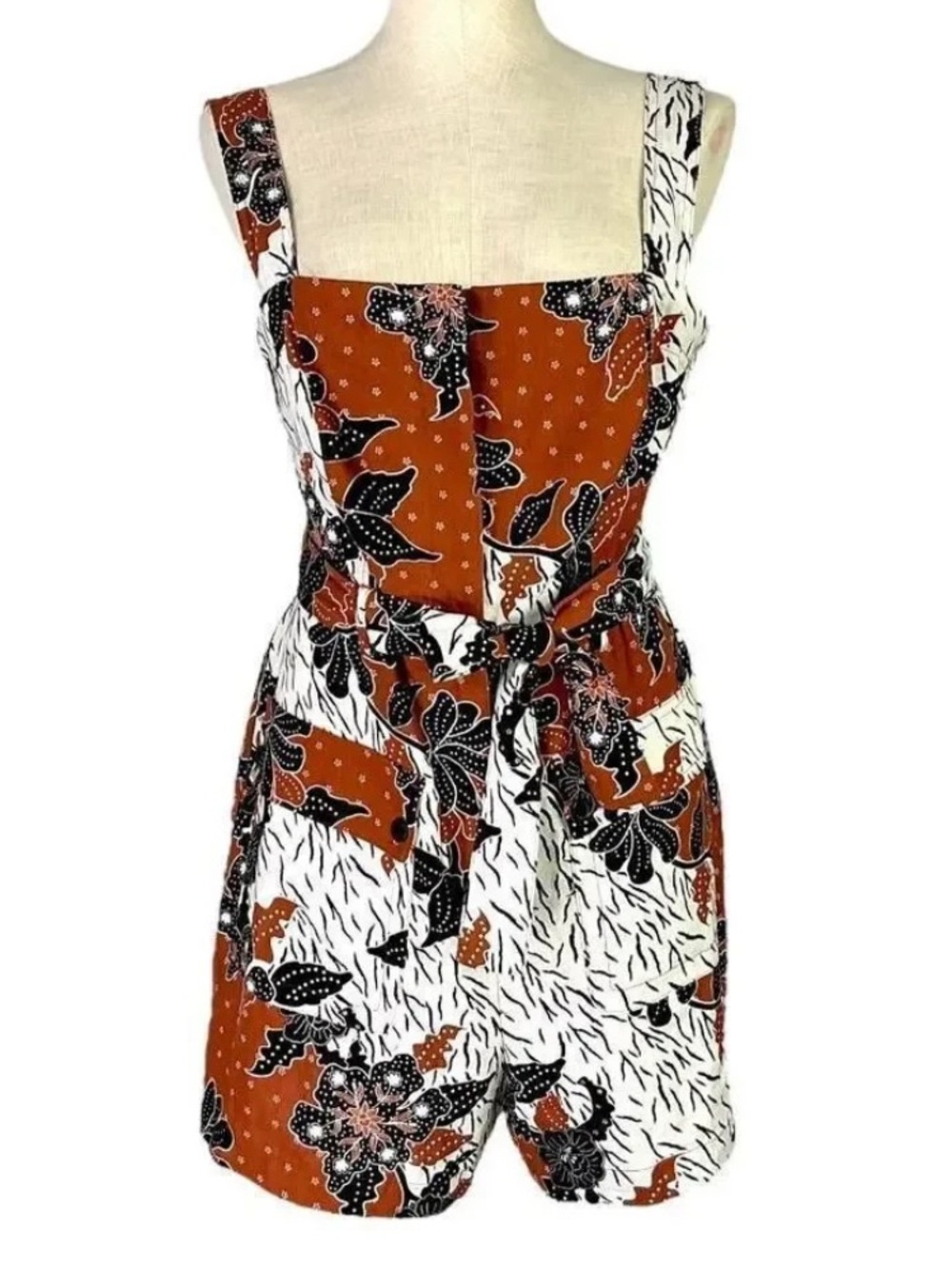 NWOT Belle Vere Rust Brown Tropical Floral Linen Blend Boho Tie-Waist Romper M